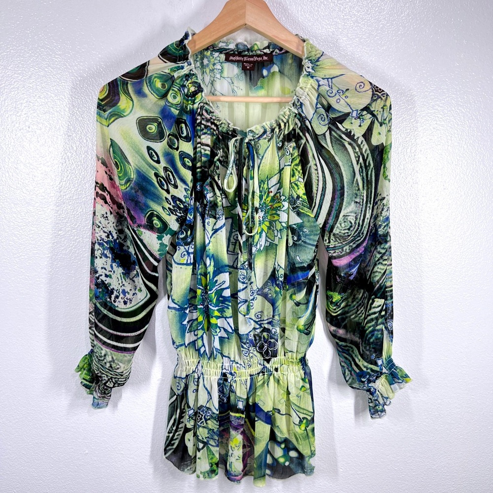 Mashada Sienna Rose Sheer Blouse Smocked Neck Floral Print Long Sleeve Small
